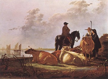アエルベルト・カイプ Painting - メルヴェーデ川沿いの四頭の牛を持つ農民 田舎の画家 アルバート・カイプ